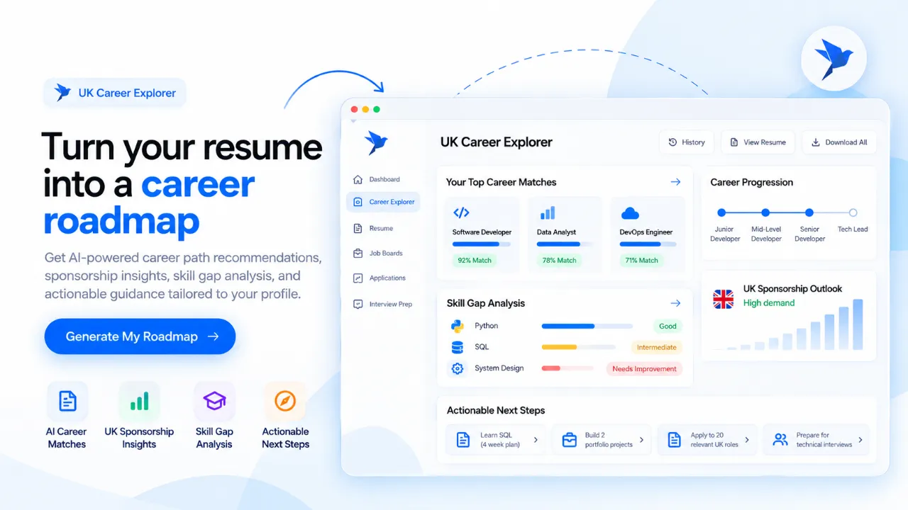 UK career explorer showing career matches, skill gaps and sponsorship outlook